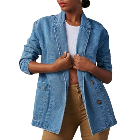 NWOT Women’s Jeans Jacket V Neck Notched Collar Button Front Pockets - Picture 5 of 5